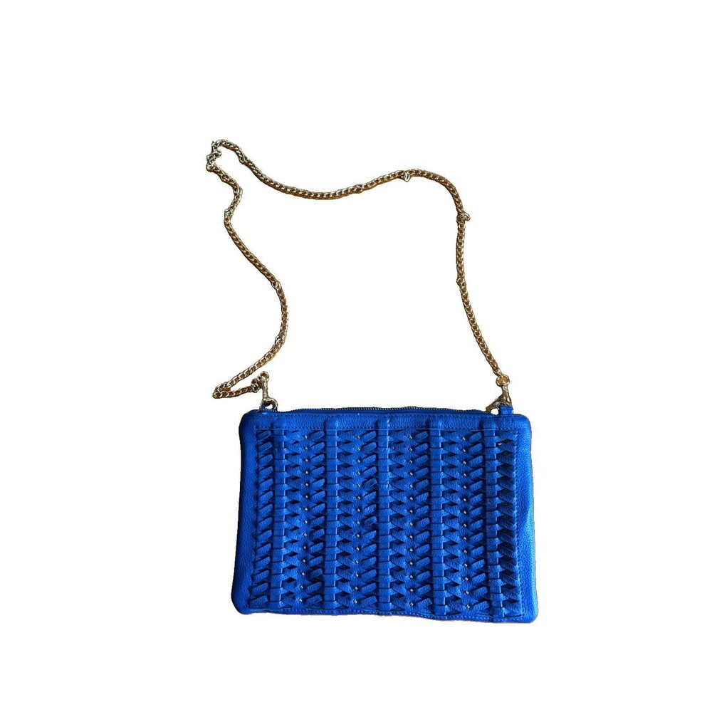 Street Level Royal Blue Woven Basketweave Studded Crossbody Clutch Gold Chain